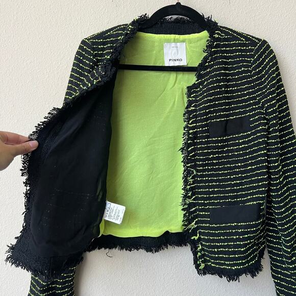 Pinko Black Neon Green Tweed Stripe Fringe Blazer Jacket Size US 4 - Picture 3 of 7